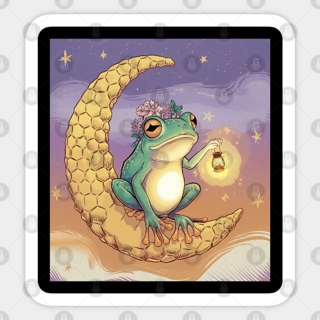 Frog with Lantern and Flower Crown on Honeycomb Moon, Cute Frog Drawing and Illustration for Frog Lovers Sticker by Pixel Threads 